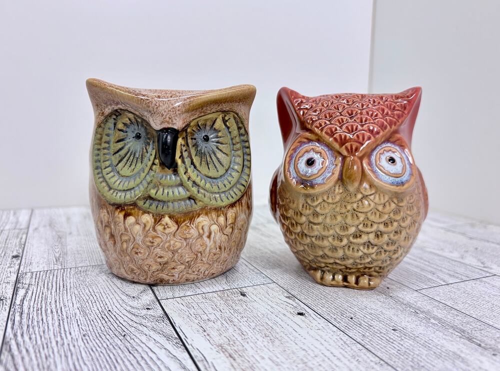 Pair of Ceramic Owl Figurines Glossy Drip Glaze Fall Decor - 3 1/2 inch
